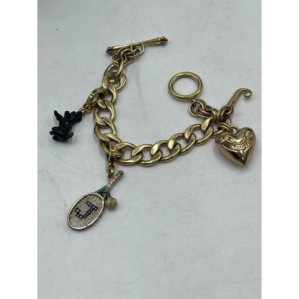 Juicy Couture Puffed Tennis‎ Racquet Scottie Dog Heart Toggle Gold Tone Bracelet